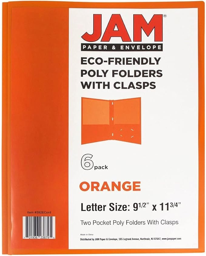 JAM PAPER Plastic Color POP Folders - 2 Pocket Durable Folders with Metal Prongs Fastener Clasps - Orange - 6/Pack