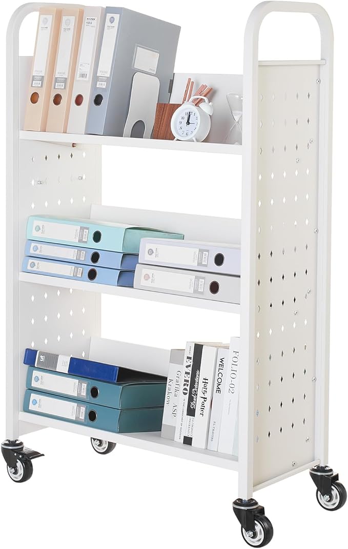 VEVOR Rolling Library Book Cart, 330 lbs Capacity, 30.3 x 15 x 48.0-Inch Library Cart, Single Sided V-Shaped Shelves with 3-Inch Lockable Wheels, Book Truck for Home Shelves Office and School, White
