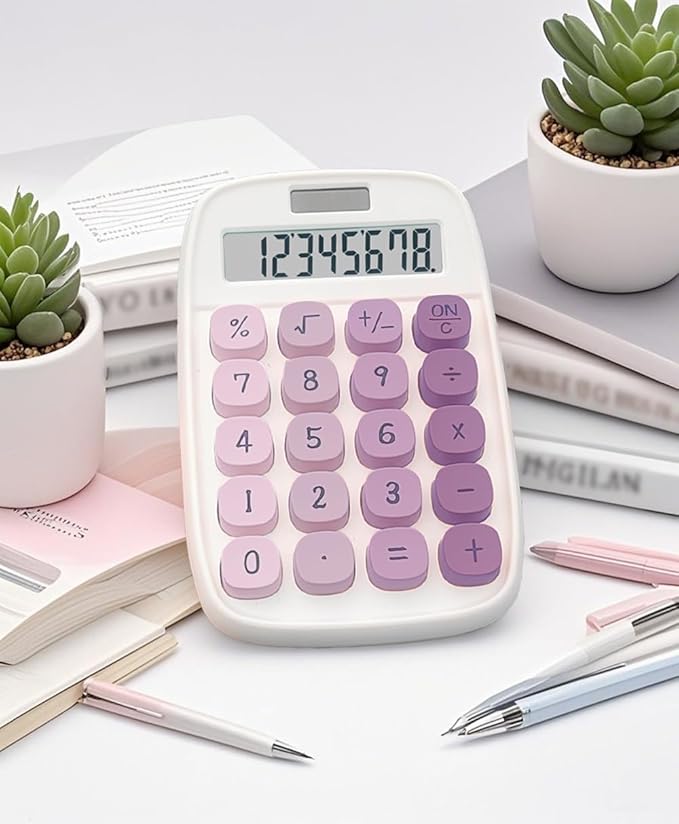 BTSEYAW Mechanical Calculator, Cute Calculator with Dual Power 8 Digit Tilt Screen and Big Button for Teachers Students Basic Office (White and Purple)