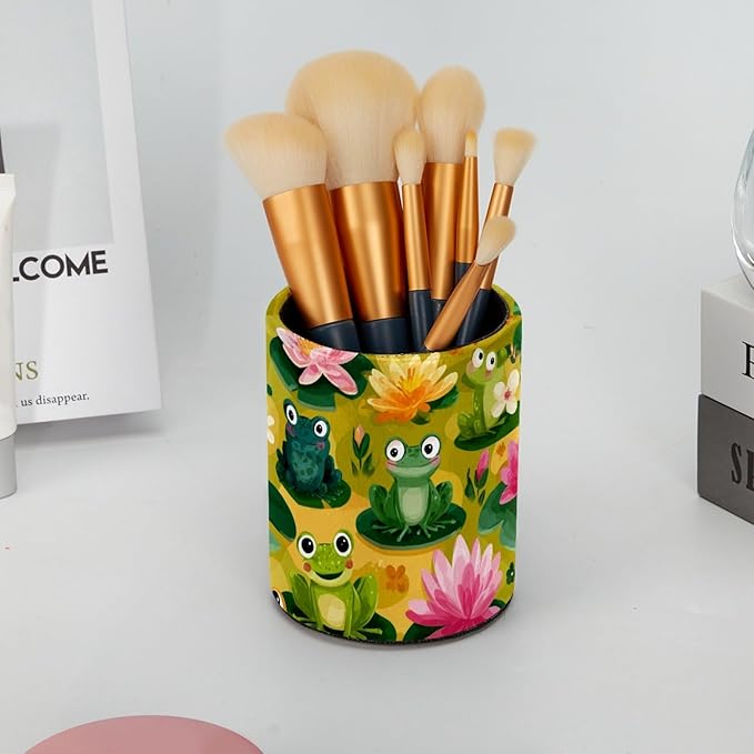 Leather Pen Holder for Desk Funny Frogs Pencil Cup Desktop Organizer Makeup Brush Holders Office Supplies for Home, Kids & School