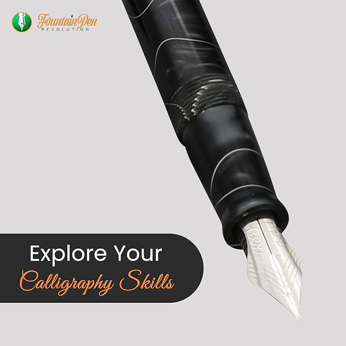 FPR Himalaya V2-Chrome Ultra Flex Nib Pen - Twist-Style Converter Filled Calligraphy Pens for Writing - Fancy Pens for Men & Women - Flex Fountain Pen w/Metal Clip & Cap Ring (Jade Smoke Acrylic)