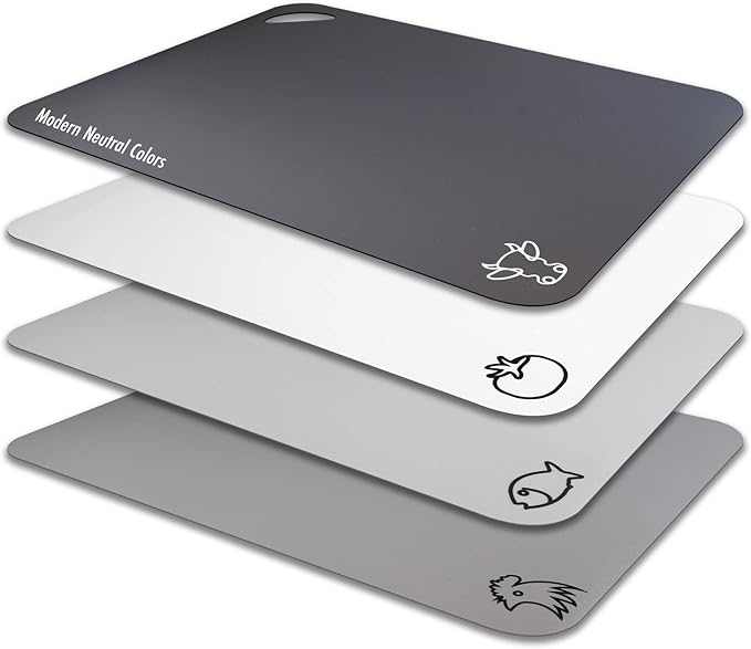 Fotouzy Plastic Cutting Boards with Food Icons, Set of 4, Flexible Cutting Mats with Hole, BPA-Free, Non-Slip and Dishwasher Safe, Modern Neutral Colors