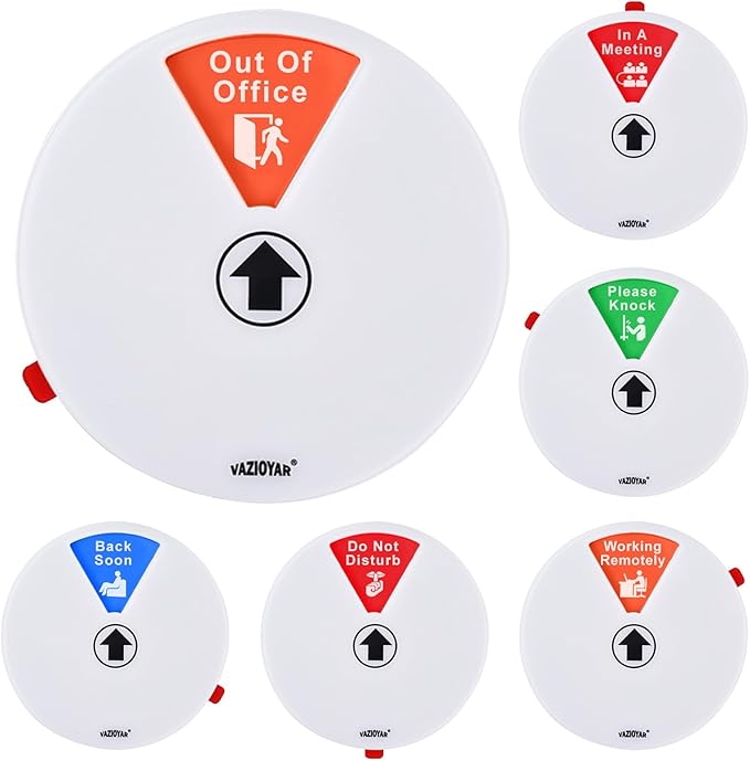 Vazioyar Rotating Office Door Sign with State Diagram - 6" Magnetic & Adhesive Privacy Sign with 6 Status Modes (In A Meeting/Working Remotely/Back Soon/Do Not Disturb/Out Of Office/Please Knock) (White, 6 inches)