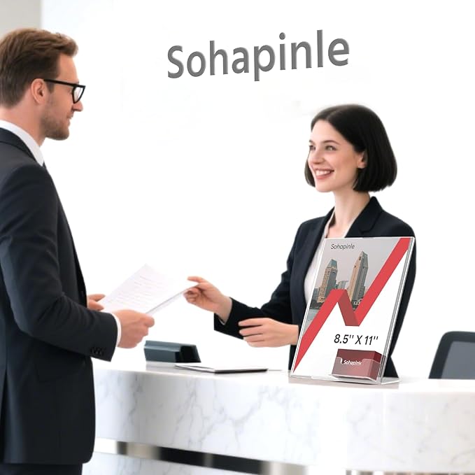 Acrylic Sign Holder 8.5 x 11 Inches with Business Card Holder Clear Plastic Brochure Flyer Display Stand Slanted Countertop Organizer for Pamphlets Magazines Booklets Menus, 2 Pack