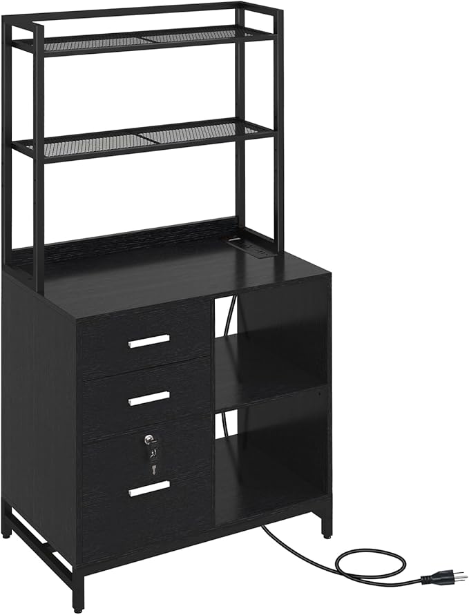 Livofloral File Cabinet with Charging Station, 3 Drawer Filing Cabinet with Bookshelf, Large Printer Stand with Open Storage Shelves for Home Office, Locking File Cabinets Fits Letter/A4 Size, Black