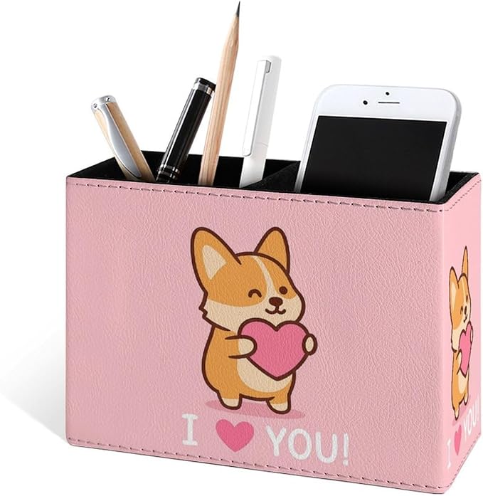 Famame Corgi I Love You Pencil Holder for Desk, Leather Desktop Container Pen Cup Storage Study Table Pen Organizer Makeup Brushes Holder for Office Home