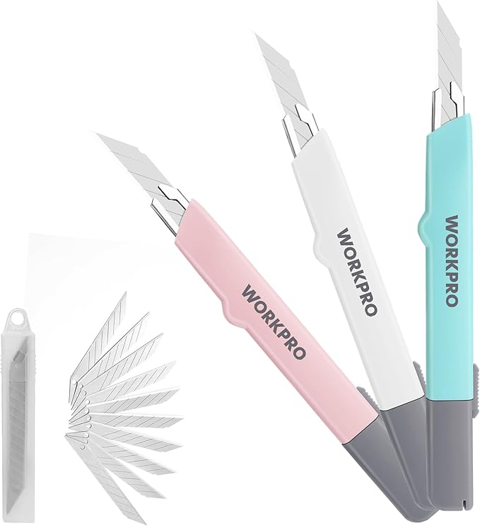 WORKPRO Premium Utility Knife Retractable Snap-off blade, Gift for Men/Women Heavy Duty Box Cutter Set, Razor Knife Exacto Craft Knives, with 10 Extra 9mm Blades, Pack of 3