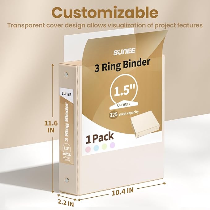 SUNEE 3 Ring Binder 1.5 Inch 1 Pack, Clear View Binder Three Ring PVC-Free (Fit 8.5x11 Inches) for School or Office Supplies, Gray-Brown