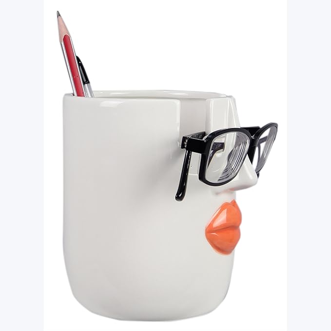 Young's Inc Ceramic Eyeglass and Stationery Holder Cup – White Face Desk Organizer with Sunglass Stand, 5 InchMulti-Purpose Accessories Organizer for Home, Office, Vanity, or Nightstand Decor