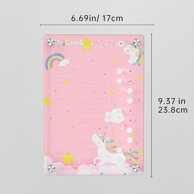 NiHome Acrylic Magnetic to Do List Planning Board with Sliders & Desktop Stand, Kids Chore Chart, Checklist Routine Chart Task Board for Fridge & Desk, for Magnetic Metal Surfaces Only (Pink Unicorn)