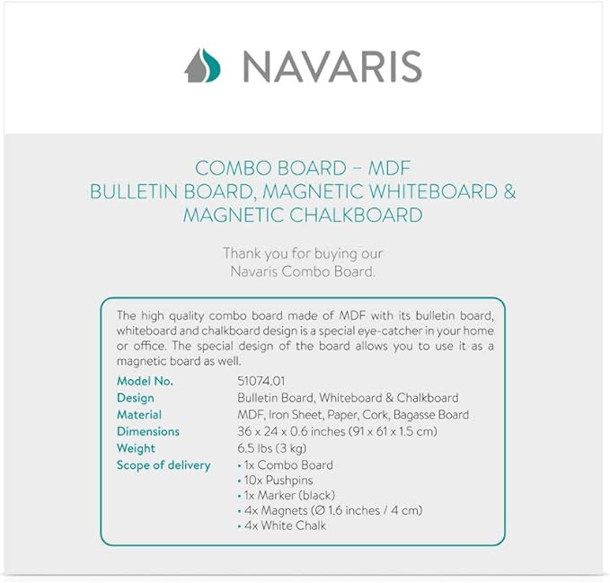 Navaris Combination Board Cork/Whiteboard/Chalkboard - 24 x 36 inches Combo Bulletin Magnetic Dry Erase Chalk Board Weekly Planner Message Organizer