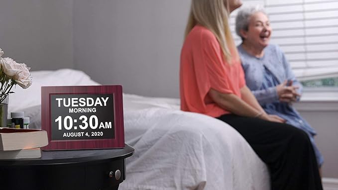 American Lifetime, New Version, Day Clock Extra Large Impaired Vision Digital Clock with Battery Backup and 5 Alarm Options, Premium Mahogany Color, 8 inch
