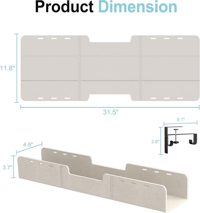 ERGO COLLECT Under Desk Cable Management Tray,No-Drill Upgraded Thickened Felt Cord Organizer with Clamp or Screw Mount,Cable Holder for Standing Desk,Home Or Office(Beige, 31.5")