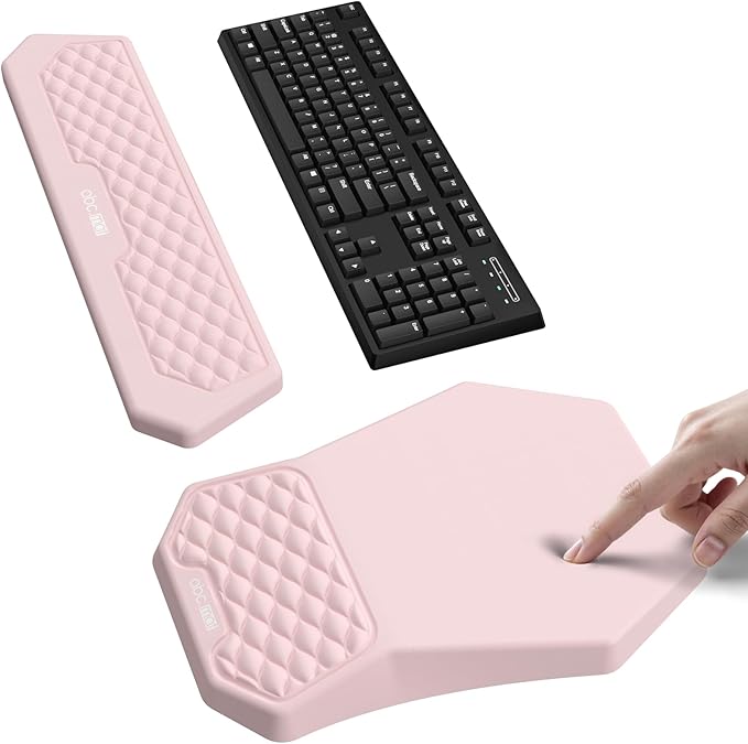 Ergonomic Mouse Pad and Keyboard Wrist Rest Support Set, Massage Design Mousepad for Carpal Tunnel Pain Relief, Memory Foam, Non-Slip PU Base for Computer Desk, Pink