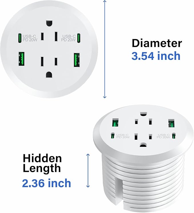 Desktop Power Grommet 3-inch Hole,40W Total Fast Charging Station, 2 PD 20W USB C Port,Flush-Mount Recessed Power Strip, 2 AC Outlets,4 USB Ports,in to The Top of Your Desk,6ft Cord