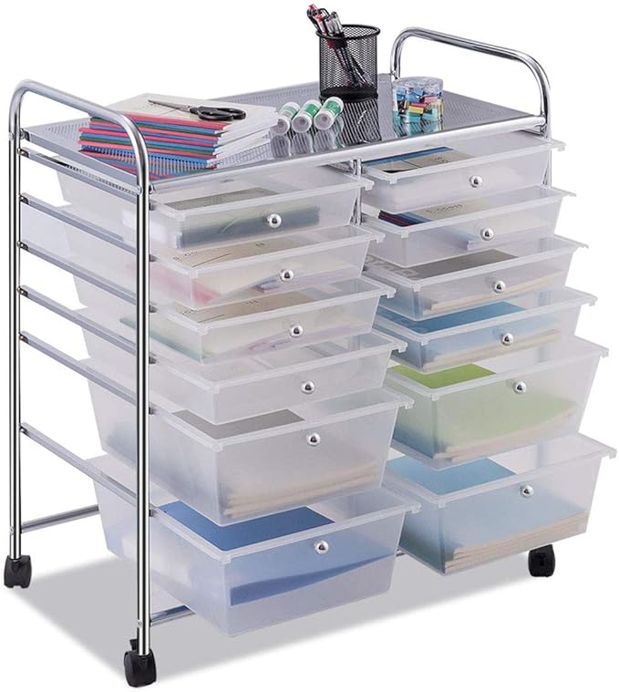 Happygrill 12-Drawer Rolling Storage Cart, Multipurpose Storage Cart W/Lockable Wheels, 2 Sizes Plastic Drawers & Metal Shelf, Mobile Utility Cart for Home Office School