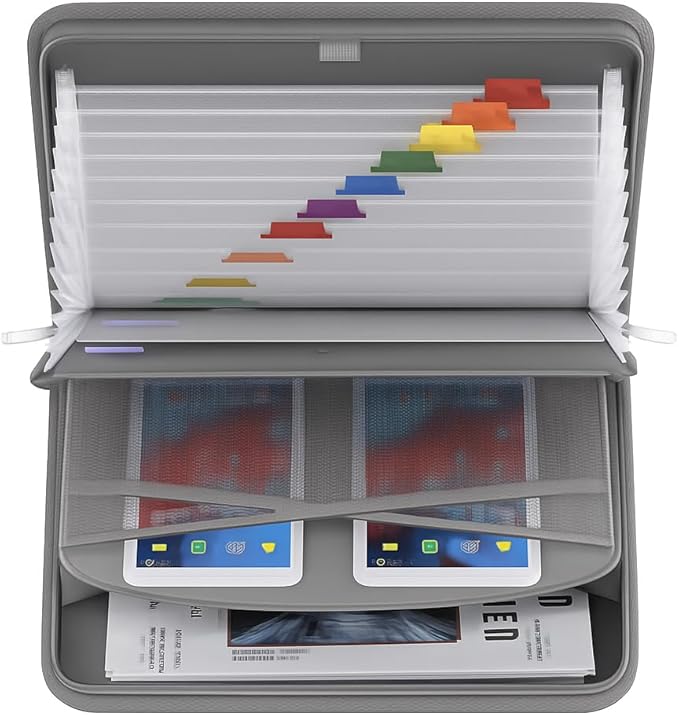 Fireproof Accordion File Organizer – Fireproof File Folder & Expanding Paperwork Organizer with Handle, Travel File Organizer for A4/Letter Documents, 13-Pocket (Grey)