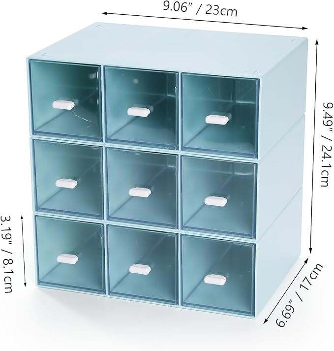 OSteed Desktop Drawers, Desk Organizer with 9 Drawers, Stackable Plastic Storage Box for Home Collection, Cosmetics, Jewelry, Office Supplies (3 Tiers, Blue)
