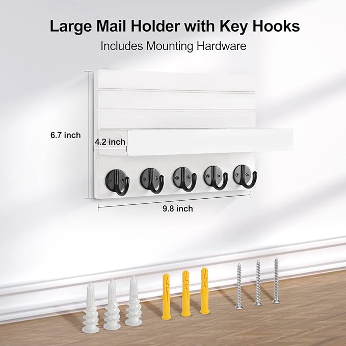 Lwenki Key Holder for Wall, Decorative Key and Mail Holder with Shelf Has Large Key Hooks for Bags, Coats, Umbrella – Paulownia Wood Key Hanger with Mounting Hardware (9.8”W x 6.7”H x 4.2”D)