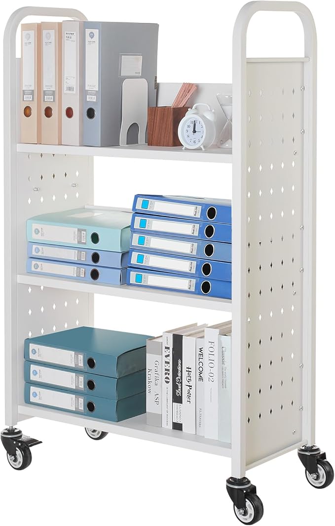 VEVOR Rolling Library Book Cart, 330 lbs Capacity, 30.3 x 15 x 48.0-Inch Library Cart, Single Sided L-Shaped Shelves with 3-Inch Lockable Wheels, Book Truck for Home Shelves Office and School, White