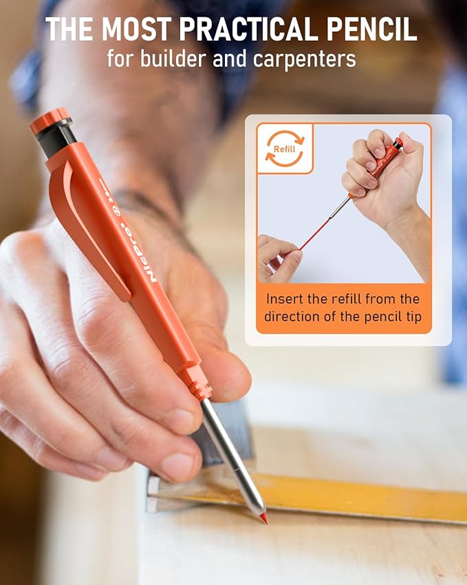 Nicpro Upgraded 3-IN-1 Carpenter Pencils with Sharpener & Finger Grip, Construction Pencil with 13 Leads, Deep Hole Marking Tool, Solid Mechanical Pencil for Carpenters Scriber Architect Woodworking