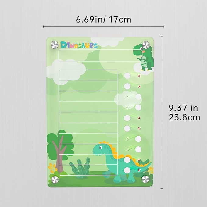 NiHome Acrylic Magnetic To Do List Planning Board with Sliders & Desktop Stand, Kids Chore Chart, Checklist Routine Chart Task Board for Fridge & Desk, For Magnetic Metal Surfaces Only(Green Dinosaur)