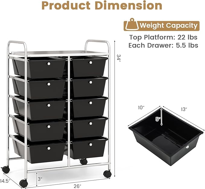 HAPPYGRILL 10-Drawer Rolling Storage Cart, Storage Organizer Cart with Lockable Wheels, Beauty Salon Movable Utility Cart for School, Office, Home, (Black)