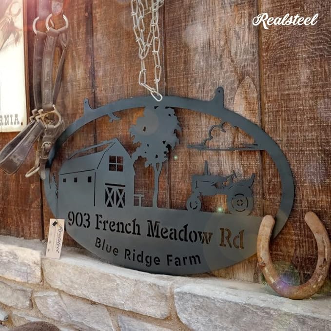 RealSteel Personalized Metal Farmhouse Sign - Custom Farm Scene Wall Art with Barn, Horse, Trees, and Fence - Custom Last Name & Established Date - Durable Outdoor Garden and Patio Decor