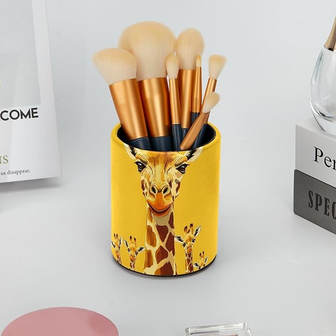 Leather Pen Holder for Desk, Cute Giraffe Pencil Cup Desktop Organizer Makeup Brush Holders Office Supplies for Home, Kids & School