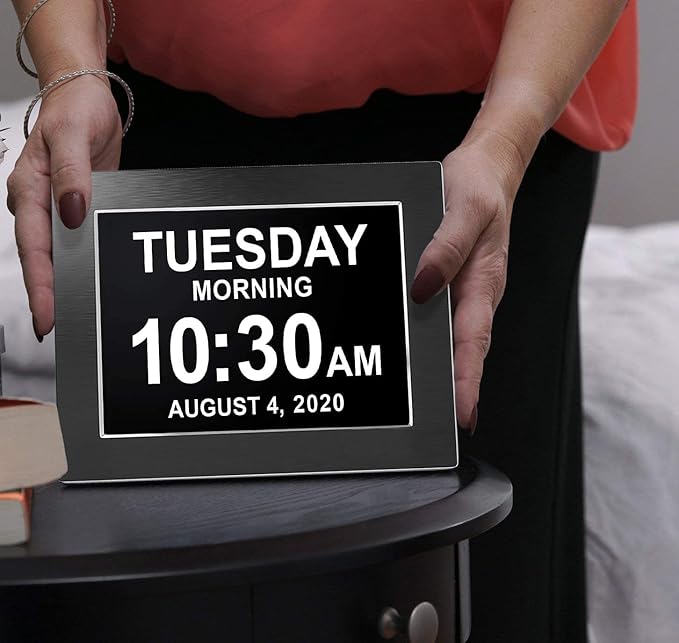 American Lifetime Large Digital Wall Clock for Seniors, Black Polished, 8-Inch High Resolution Display, Easy to Read, Customizable Alarms, Auto-Dimming, Multi-Language Support, Battery Backup
