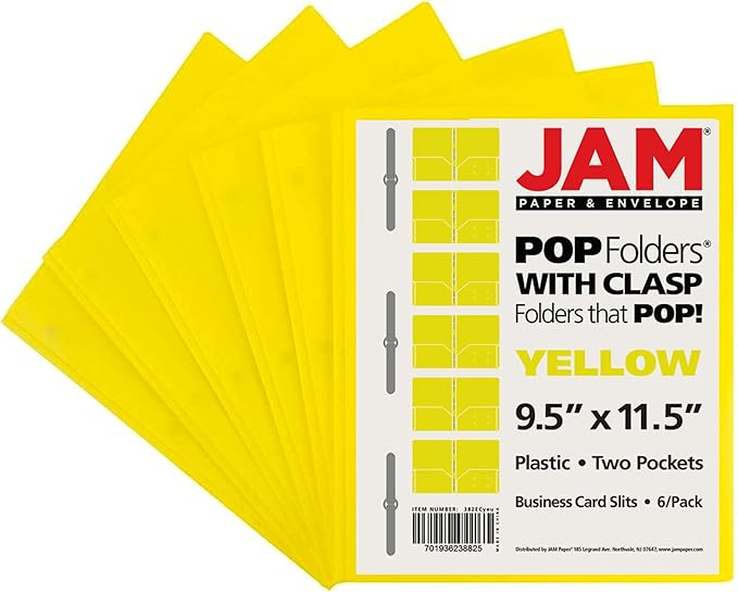 JAM PAPER Plastic Color POP Folders - 2 Pocket Durable Folders with Metal Prongs Fastener Clasps - Yellow - 6/Pack