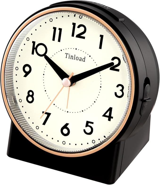 Tinload 4.3" Retro Analog Alarm Clock, Vintage Decor, No Ticking Silent, Easy to Set, Gradual Rise Alarm, On/Off Switch on Side, Gentle Wake, Snooze, Lighted on Demand, Battery Operated, Retro Black