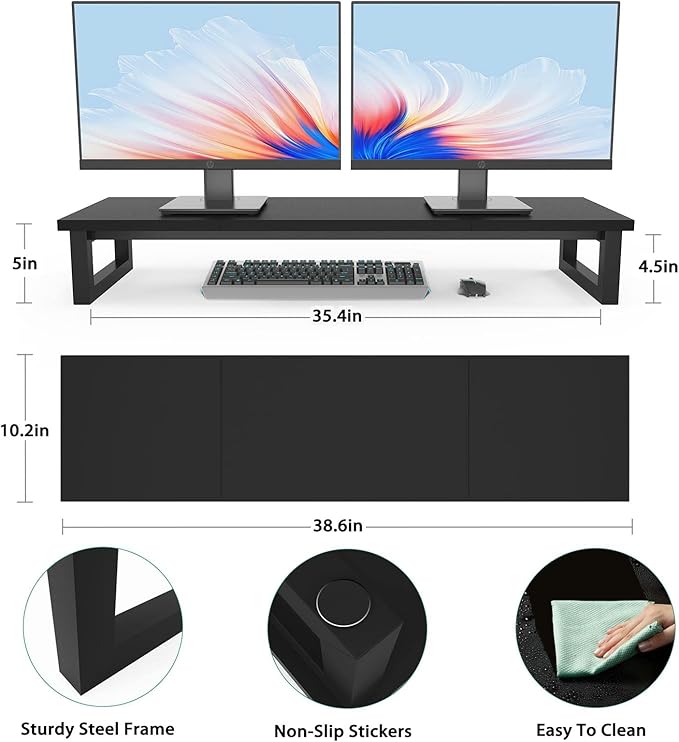 YAOHUOO Dual Monitor Stand Riser, 39Inch Large Monitor Stands for 2 Monitors, Computer Monitor Stand, Wooden Desktop Oraganizer Shelf for Office Desk Computer,Laptop,TV