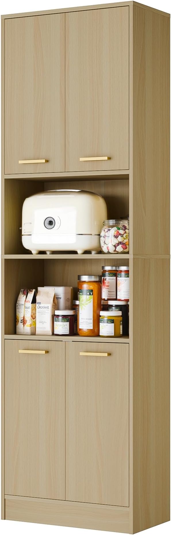 Cozy Castle Kitchen Pantry Cabinet, 75" Tall Wood Storage Cabinet with Doors and Shelves, 4 Doors Open Countertop Utility Hutch Cupboard for Dining Room Living Room Bathroom Furniture, Oak