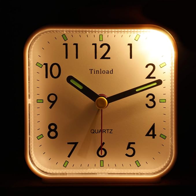 Tinload Small Battery Operated Analog Travel Alarm Clock Silent Non Ticking,Gentle Wake, Ascending Beep Sounds, Snooze,Lighted on Demand,Easy Set(Gold)