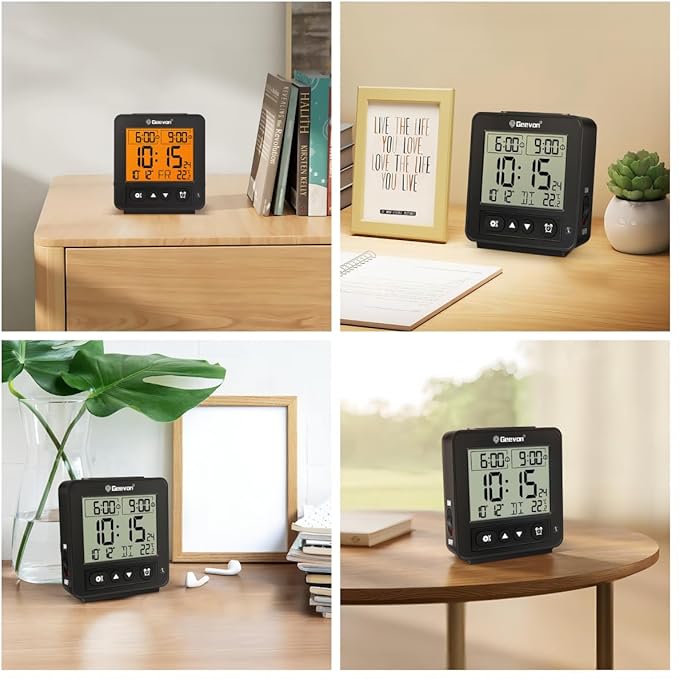 Geevon Small Atomic Travel Alarm Clock with Auto/8s Backlight, 2 Alarm Settings, Temperature, Increasing Beep Sounds Digital Atomic Travel Clock Battery Operated for Bedroom, Bedside, Black