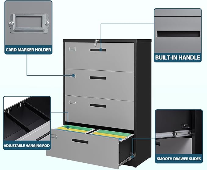 MIIIKO 4 Drawer Lateral Filing Cabinet with Lock, Metal File Cabinet 35.4" Wide, Home Office Locking Filing Cabinets for Legal Letter File Folders…
