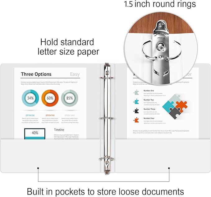 COMIX Sturdy 3 Ring Binder 1.5 inch with Clear View Cover, 1-1/2" Round Ring View Binder, PVC-Free, 2.4mm-Thick, 300 Sheets Capacity of US Letter Size Paper, Office & School Supplies, 6 Pack (White)