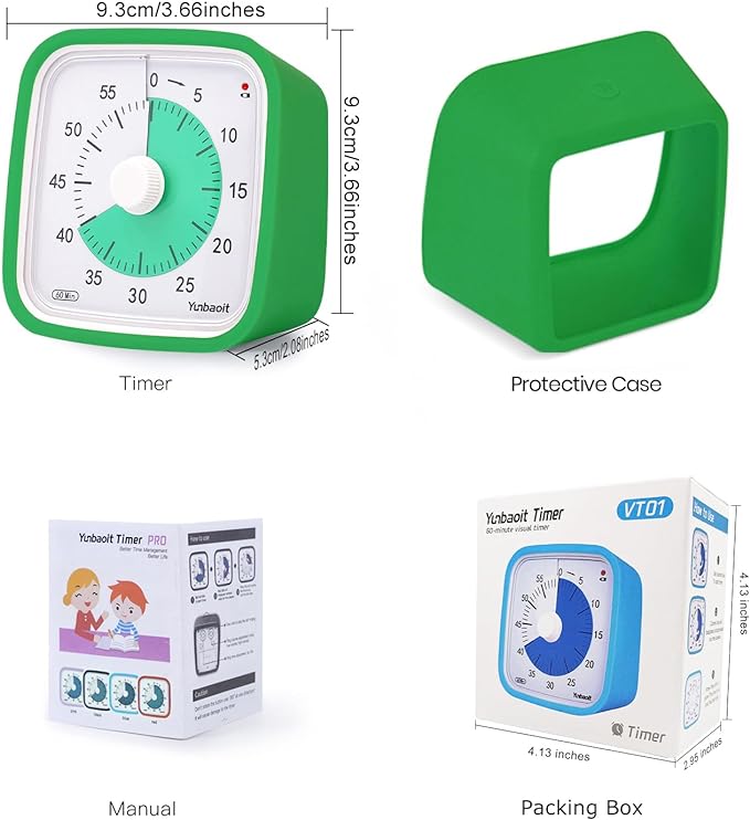 Yunbaoit Visual Timer with Protective Case, 60 Minute Silent Countdown Timer for Kids and Adults Clock Time Management Tool(Green)