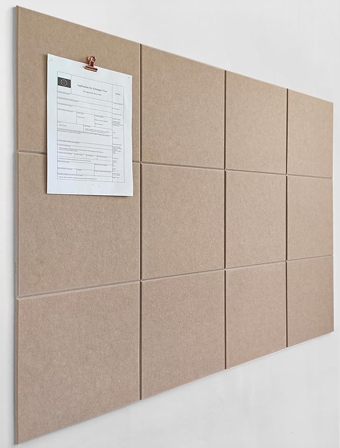 DECORITA Felt Wall Tiles | Large Cork Board Alternative | Aesthetic Felt Bulletin Board for Office, Home & Classroom | Large Cork Boards for Walls Pinboard (12-Pack) | Camel