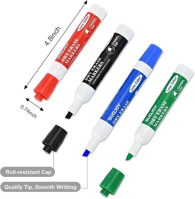SUQJOY Dry Erase Markers, Chisel Tip Whiteboard Marker, Low Odor Thick Dry Markers, 36 Bulk 4 Assorted Color Markers for office