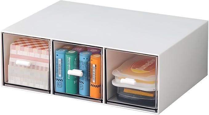 OSteed Desktop Drawers, Desk Organizer with 3 Drawers, Stackable Plastic Storage Box for Home Collection, Cosmetics, Jewelry, Office Supplies (1 Tall Layer, White)