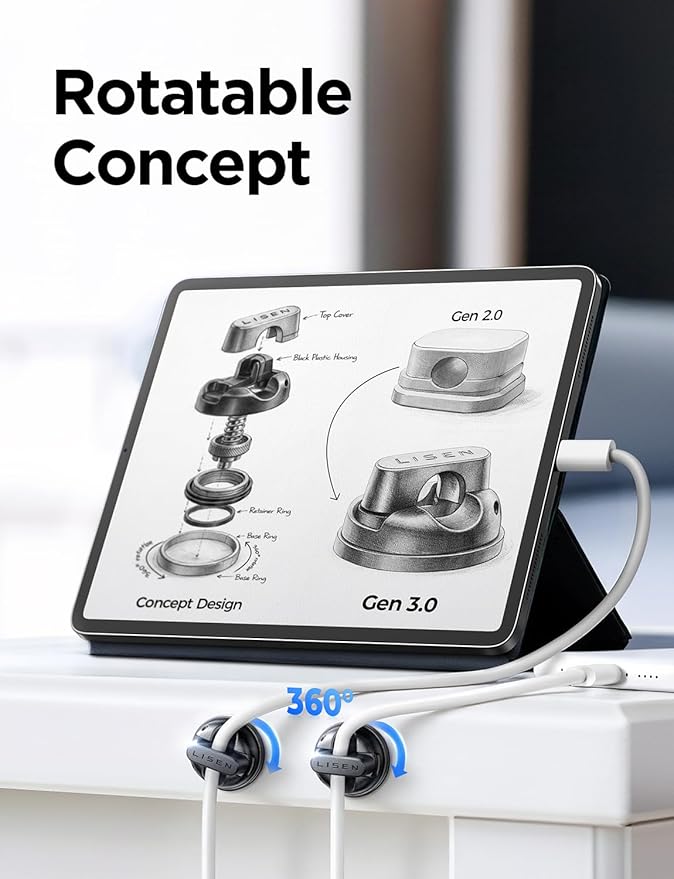6-Pack Rotatable Cord Holder for Nightstand, LISEN 360°Rotating Magnetic Clips, No-Residue Strong Adhesive Cord Organizer for Desk, Phone Cord Holder for Home, Car, Office Desk Accessories