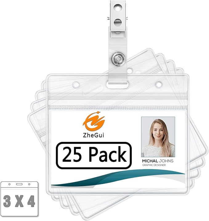 ZHEGUI Clear Plastic Horizontal Name Tag Holders and Metal Badge Clips with Vinyl Straps Waterproof PVC ID Card Badge Holder 3x4 Inch(25 Pack, Horizontal Large 3x4)