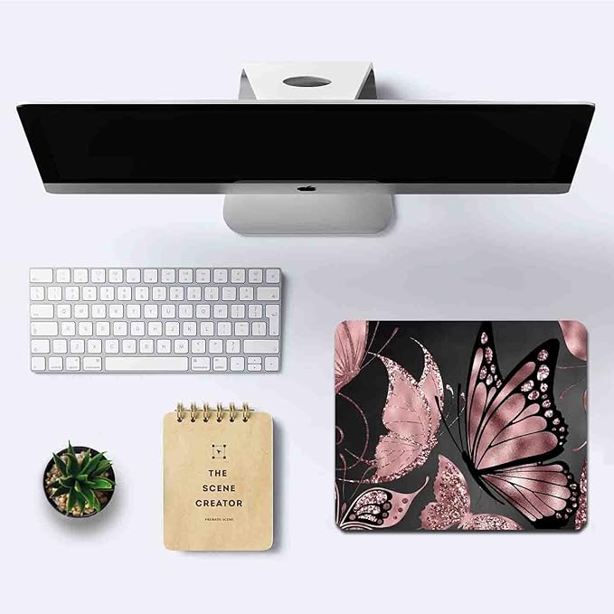 IMAYONDIA Mouse Pad, Rose Gold Butterfly Mouse Pad, Non-Slip Rubber Base Mousepad, Mouse Mat Desk Pad for Work, Game, Office, 9.5 x 7.9 Inch - Beautiful Modern Glitter Foil Design