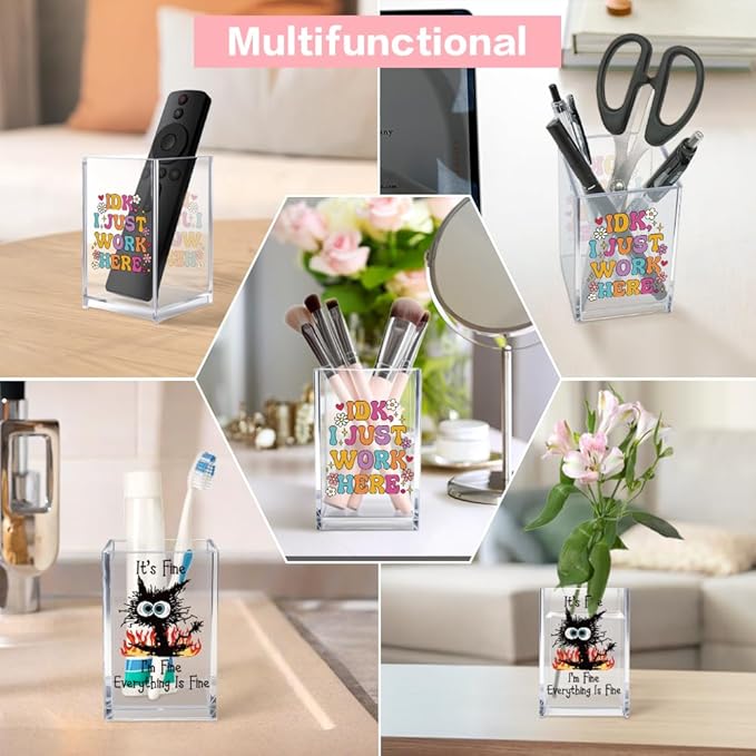 Vgrti Funny Black Cat Work 2 Pack Acrylic Cosmetic Pencil Pen Holder Cup, Cute Office Pen Holder for Desk, Funny Work Burnout Gifts for Coworker Friend, Office Sarcastic Gifts for Women Colleague Boss