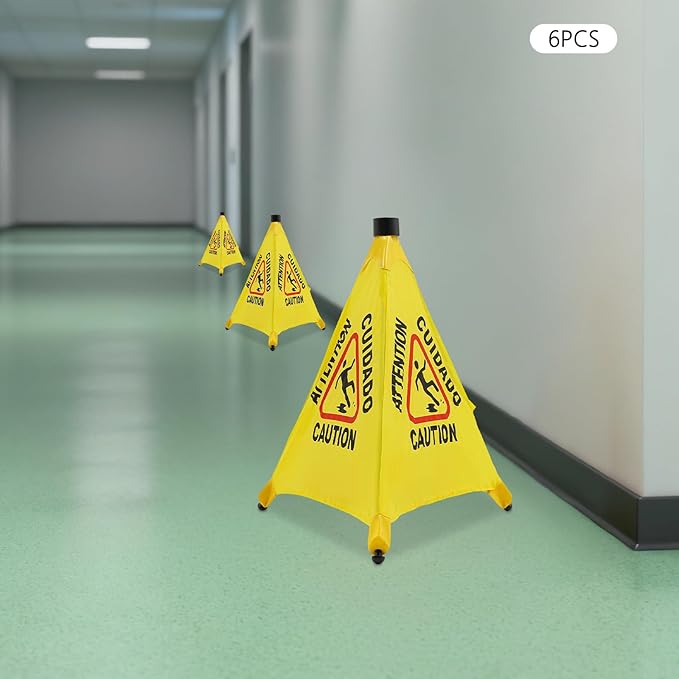 20 inch Wet Floor Sign 6 Pcs, Pop up Foldable Wet Safety Signs with Storage Tube Commercial Caution Safety Cone Pop up Caution Sign, for Stores Grocery Restaurant Restroom Office Hotel (6)