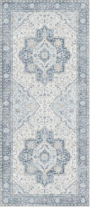 GENIMO Runner Rug 2'6"x8 Machine Washable Non Slip Vintage Hallway Runner Rug, Low Pile Lightweight Rugs for Indoor Entryway, Hallway, Kitchen and Corridor, Light Blue