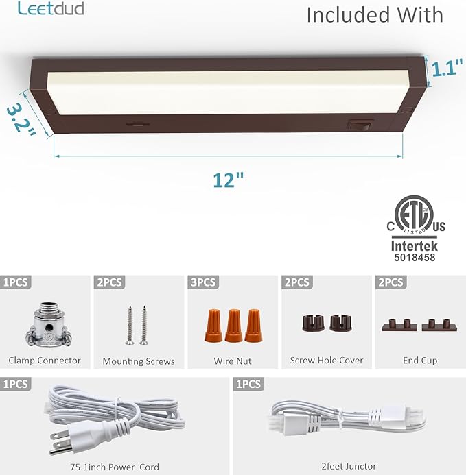 Leetdud LED Under Cabinet Lighting Hardwired or Plug in, 12 Inch 6W, Dimmable 5 Color 2700K/3000K/3500K/4000K/5000K, Linkable Eyes Care Design Counter Lights for Kitchen, Sink, ETL Listed, Bronze
