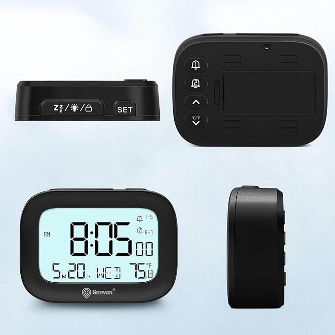 Geevon Small Travel Alarm Clock, Digital Alarm Clocks for Bedrooms Home Office, Battery Operated Desk Clock with 3 Inch Large Display, 2 Alarms, 5s Backlight, Snooze, Indoor Temperature, Black